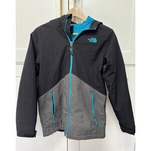 North Face Windwall Jacket Boys Sz Large 14/16 Hooded Black Gray Blue Full Zip